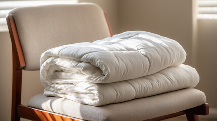 White weighted blanket neatly folded on a beige chair with natural light