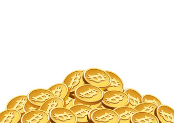 3D illustration of a large pile of golden Bitcoin coins, featuring the Bitcoin symbol, representing wealth accumulation and digital currency investment.