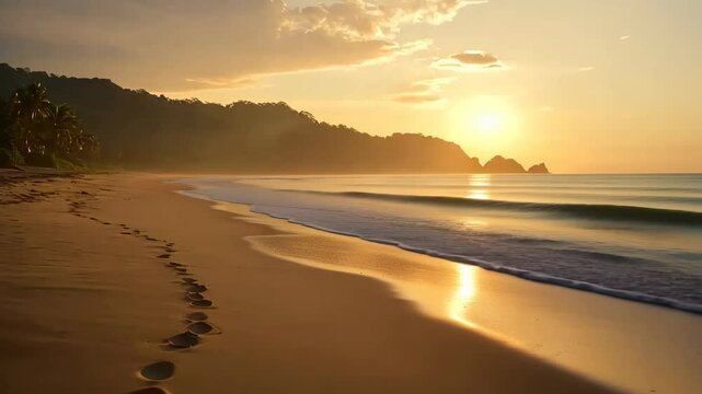 A serene beach at sunset with gentle waves lapping at the shore. Footprints in the sand lead towards the horizon. Lush green hills frame the scene. Generative 4k video.