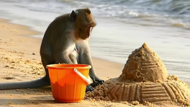 A monkey building a sandcastle on the beach with an orange bucket next to the sandcastle