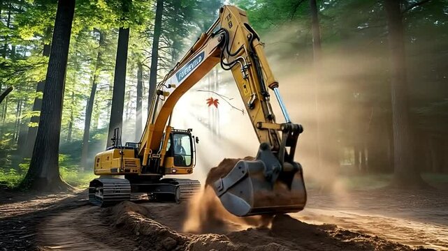 A concrete mixer spins continuously in a tranquil forest valley, its rotating drum gleaming under the slanting rays of the sun. Light winds through tall birch trees, speckling the surface of the machi