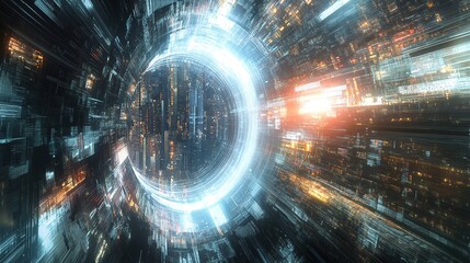 Colorful motion light trails surrounding tall city build