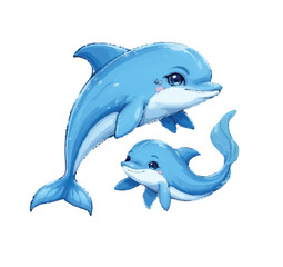 Fototapeta premium Flat two blue dolphins in a jump. Cute dolphins jumping on a white. An oceanic aquatic animal is a dolphin. Vector flat or cartoon illustration isolated on white. Cute illustration of a marine animal