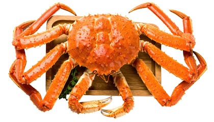 A fresh, vibrant king crab displayed on a wooden board, showcasing its rich color and texture, perfect for seafood enthusiasts.