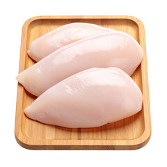 Fresh raw chicken breasts displayed on a wooden cutting board, ideal for healthy meal preparation and cooking.