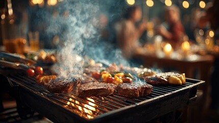 Delicious Grilled Steaks Barbecue Party Summer Night Outdoor Cooking Food Delicious Meat Food Photography Grilled Food Tasty Summertime Backyard Party Grilling Season bbq fire meal