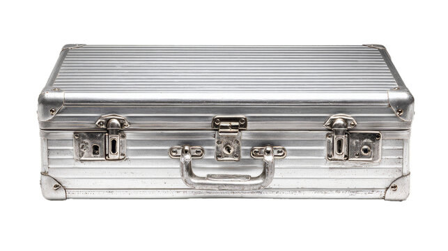 horizontal top view of closed silver metal aluminum suitcase isolated on white background