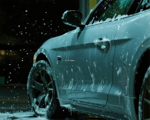 Grey car covered in soapy water.