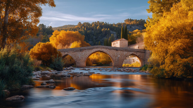 Stone bridge spans calm river with autumn leaves showcasing vibrant golden-orange hues. Forested hills rise in the background, creating a peaceful rural setting