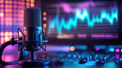 A professional condenser microphone standing on a desk