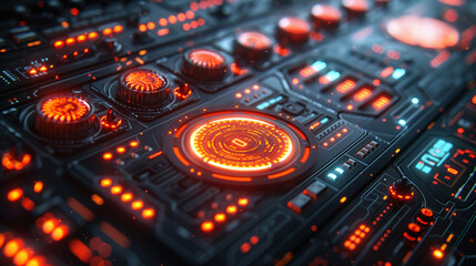 Futuristic control panel with glowing red elements and digital displays.