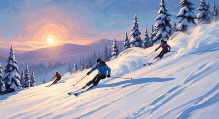 A group of skiers descend a snow-covered slope during sunset at a ski resort
