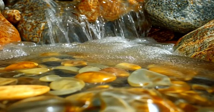 Clear stream flowing over colorful pebbles and rocks
