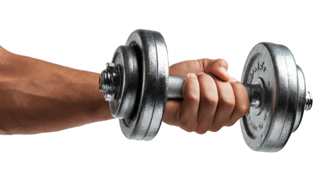 Man hand with dumbbell isolated on white
