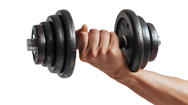 Man hand with dumbbell isolated on white