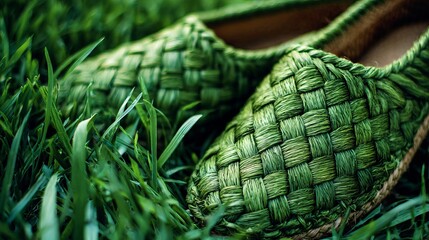 Eco Friendly Woven Green Shoes Sustainable Summer Fashion Natural Grass Background Stylish Comfortable Footwear Handmade Eco Sandals Spring Green Color Trendy Design Relaxing      