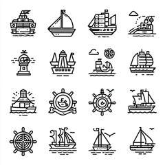 Simple black and white line art of Sea Adventure icons