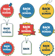 Back to school badge design set with red blue yellow colors and pencil vector icons