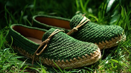 Handmade Green Crochet Espadrilles Summer Shoes Nature Grass Background Eco Friendly Comfortable Stylish Footwear Casual Fashionable Woven Textile Spring Autumn GreenShoes         
