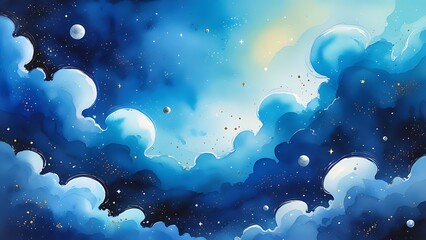 a smooth blue watercolor space background dominates the scene, with gentle, feathery brushstrokes and subtle texture evoking a sense of ethereal depth.