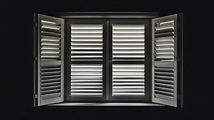 moody photograph featuring a window with closed shutters. The window is divided into four rectangular sections,each with horizontal slats that are slightly open,allowing a faint light to seep through.