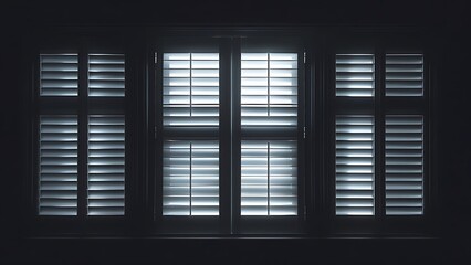moody photograph featuring a window with closed shutters. The window is divided into four rectangular sections,each with horizontal slats that are slightly open,allowing a faint light to seep through.