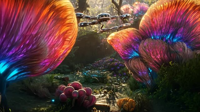 Vibrant, otherworldly flora and a drone in a lush, fantastical forest