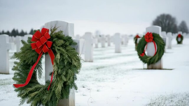 Rows of white grave markers with wreath in snowy cemetery, symbolizing remembrance and honor