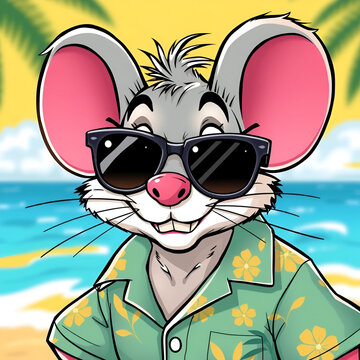 A whimsical cartoon mouse wears a cheeky expression, oversized sunglasses, and a Hawaiian shirt, exuding laid-back humor and playful irreverence in a bright, colorful scene.