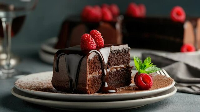 Decadent chocolate cake slice with raspberry garnish