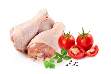 Raw chicken legs with herb and spicy isolated on white background.