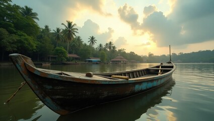 Fototapeta premium Wooden boat on calm water at sunset amidst tropical scenery.