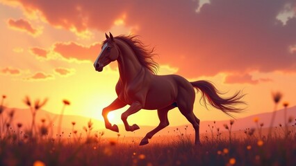 A horse gallops across a field at sunset.