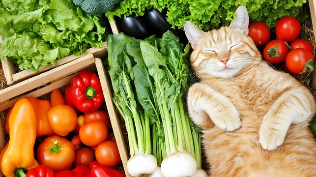 Ginger cat sleeping peacefully among fresh vegetables