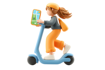 3D Cartoon Woman Riding Electric Scooter Looking at Map on Smart Phone Device