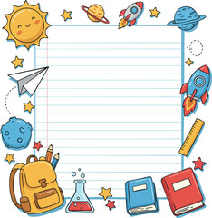 Space and school supplies border frame with sun rocket planets and books vector illustration