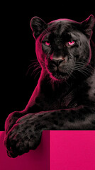 A sleek black panther lying confidently on a vivid hot pink cube, under dramatic lighting with deep shadows and intense pink highlights
