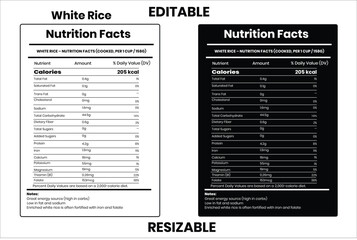 White Rice nutrition facts, nutrition facts, food label, calorie chart, protein infographic, healthy eating, vitamin chart, editable template, diet plan, meal prep nutrition, food packaging label