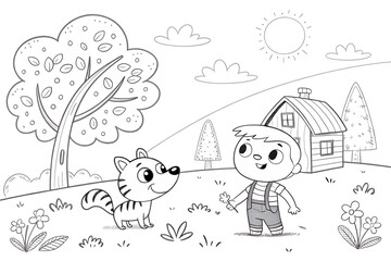 Cartoon illustration of a cheerful boy interacting with a playful striped cat in a whimsical outdoor setting with trees, flowers, and a cozy house under a bright sun