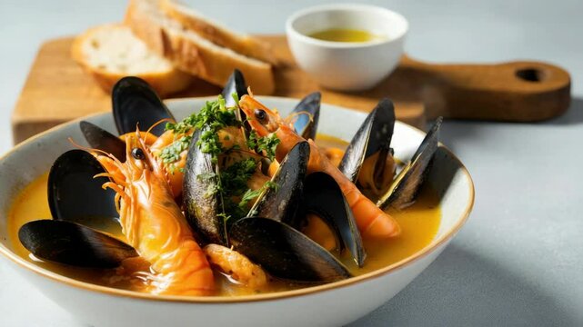 Bowl of seafood soup with shrimp, mussels, bread, and oil sauce on side