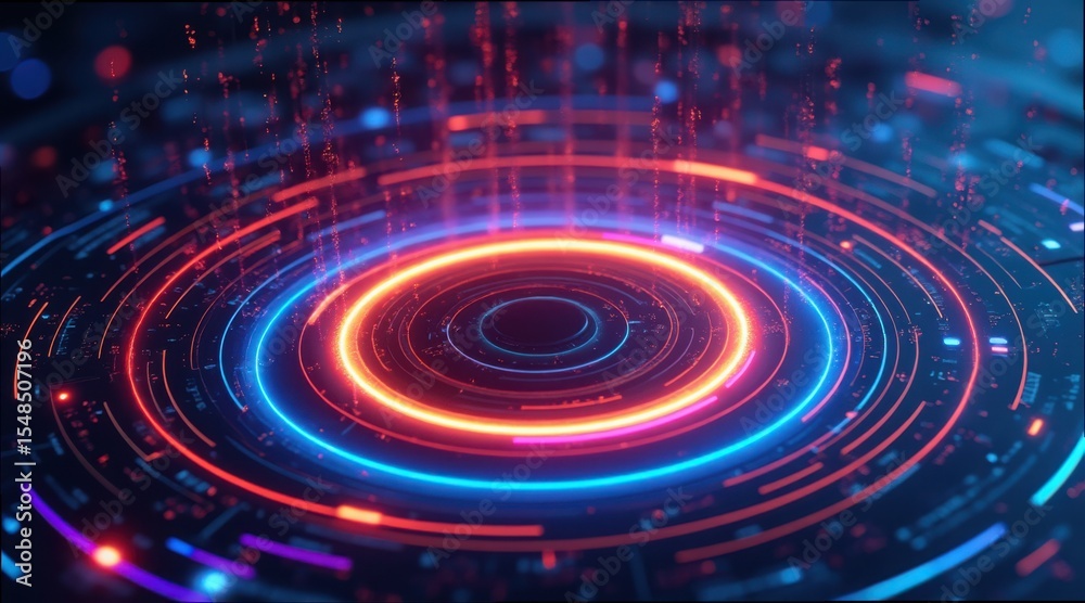 Poster Vibrant Circular Pattern with Light Trails and Digital Elements