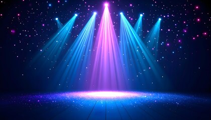 Obraz premium Dramatic stage spotlight with purple and blue beams, background