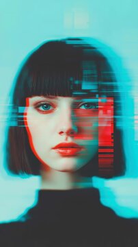 A striking portrait showcases a model with a bob haircut, enhanced by digital glitch effects in vibrant colors against a bright background.