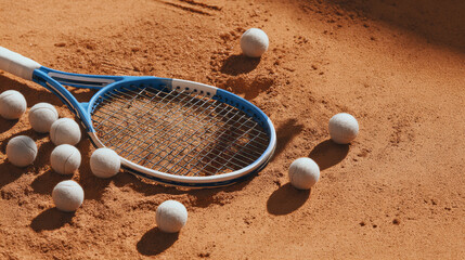 Tennis racquet with tennis balls on clay court