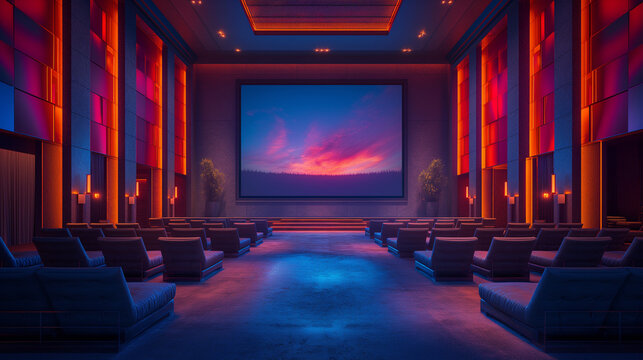 Vibrant cinematic ambiance. Luxurious private theater with modern seating and glowing red-blue lights. Ideal for entertainment visuals, home cinema concepts, or futuristic interior design.