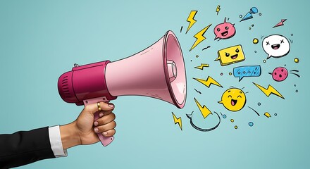 A hand holding a megaphone surrounded by speech bubbles and icons