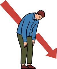Man with downward arrow showing decline or failure in blue and brown clothes vector illustration