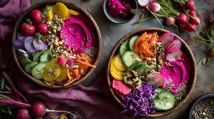 Vibrant Beetroot Hummus Bowls with Colorful Raw Vegetables Rainbow Veggie Detox Bowl Healthy Eating Recipe Food Photography red diet meal menu vegan tasty fresh salad lunch green  