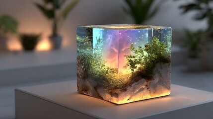 A glowing bio-energy cube emitting shifting blue, green, and purple light in a white sci-fi room. Organic and futuristic—ideal for AI, clean tech, or conceptual innovation visuals.