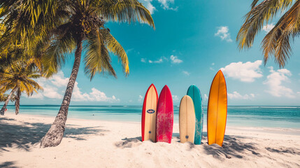 Vintage Surfboards on a Tropical Beach Summer Vacation Concept, Generative AI
